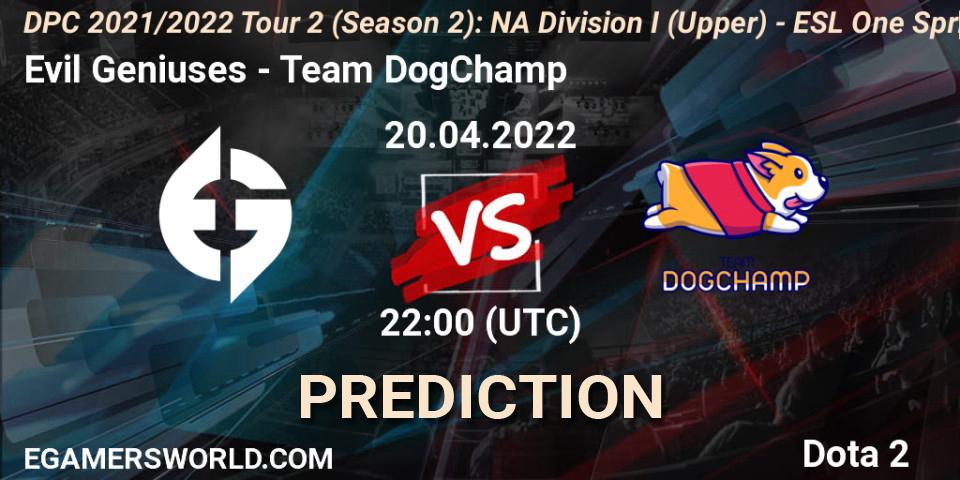 Evil Geniuses vs Team DogChamp: Match Prediction. 20.04.2022 at 22:23, Dota 2, DPC 2021/2022 Tour 2 (Season 2): NA Division I (Upper) - ESL One Spring 2022