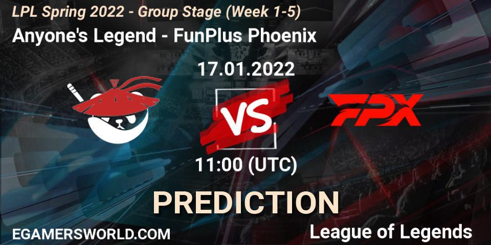 Anyone's Legend vs FunPlus Phoenix: Match Prediction. 17.01.22, LoL, LPL Spring 2022 - Group Stage (Week 1-5)