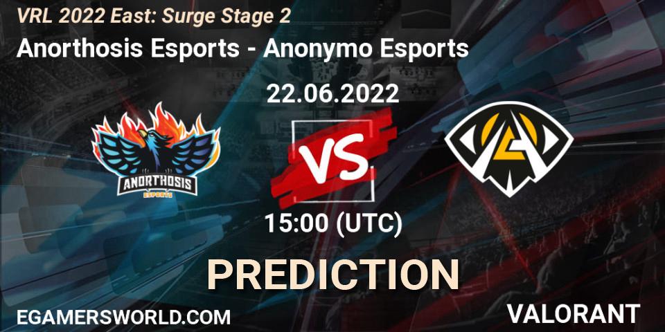 Anorthosis Esports vs Anonymo Esports: Match Prediction. 22.06.2022 at 15:00, VALORANT, VRL 2022 East: Surge Stage 2