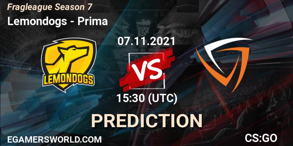 Lemondogs vs Prima: Match Prediction. 10.11.2021 at 17:30, Counter-Strike (CS2), Fragleague Season 7