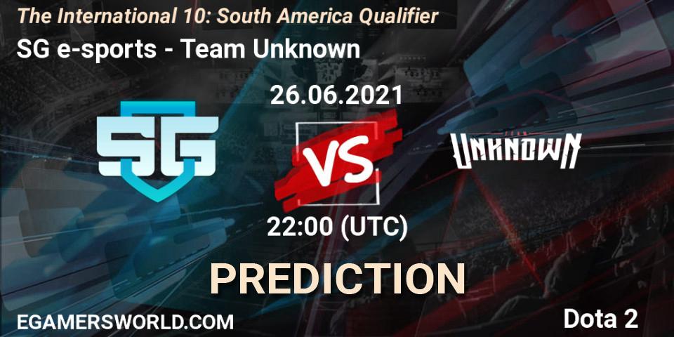 SG e-sports vs Team Unknown: Match Prediction. 26.06.2021 at 21:53, Dota 2, The International 10: South America Qualifier