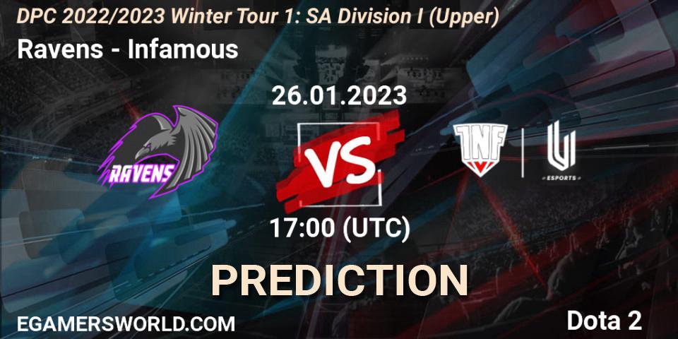 Ravens vs Infamous: Match Prediction. 26.01.2023 at 17:11, Dota 2, DPC 2022/2023 Winter Tour 1: SA Division I (Upper) 