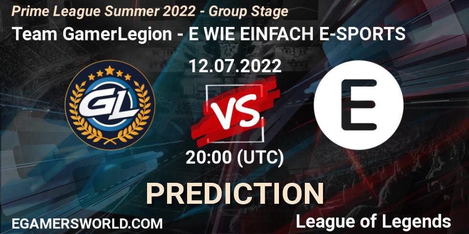 Team GamerLegion vs E WIE EINFACH E-SPORTS: Match Prediction. 12.07.22, LoL, Prime League Summer 2022 - Group Stage