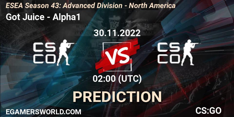 Got Juice vs Alpha1: Match Prediction. 30.11.22, CS2 (CS:GO), ESEA Season 43: Advanced Division - North America