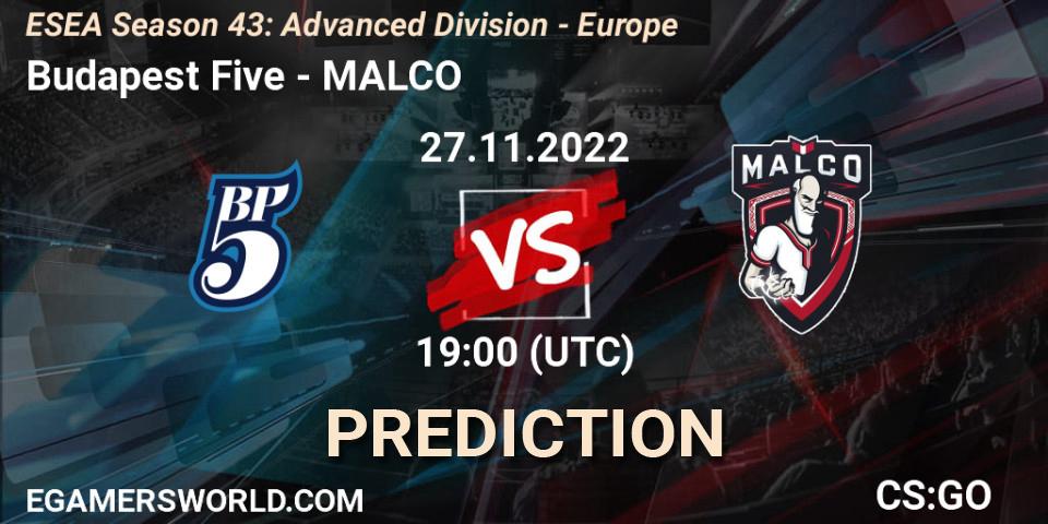 Budapest Five vs MALCO: Match Prediction. 27.11.22, CS2 (CS:GO), ESEA Season 43: Advanced Division - Europe