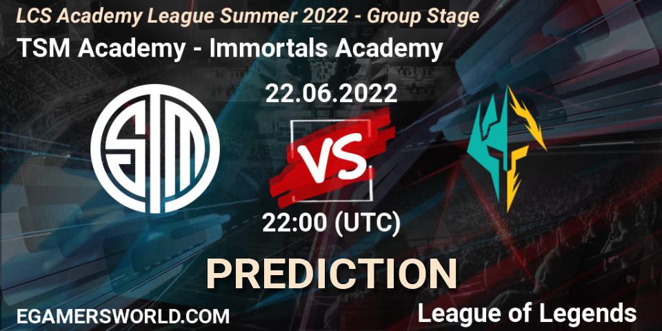 TSM Academy vs Immortals Academy: Match Prediction. 22.06.2022 at 22:30, LoL, LCS Academy League Summer 2022 - Group Stage