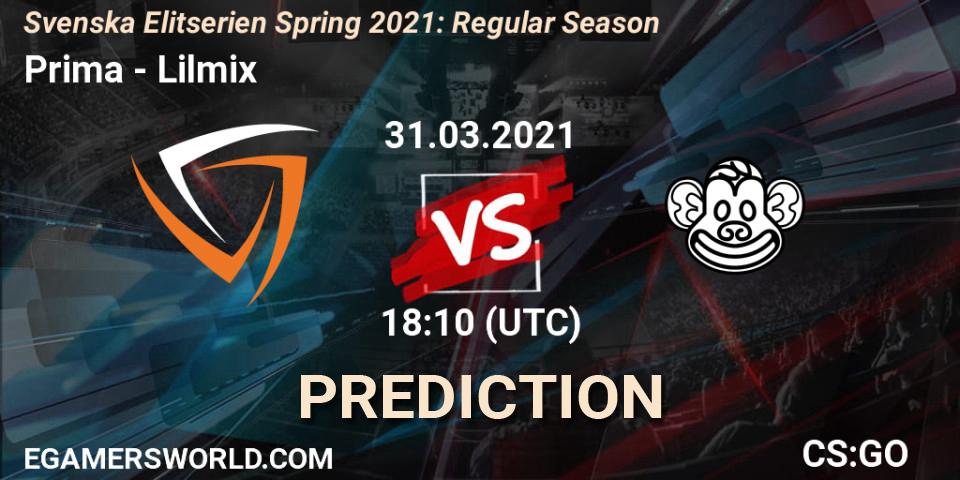 Prima vs Lilmix: Match Prediction. 31.03.2021 at 18:10, Counter-Strike (CS2), Svenska Elitserien Spring 2021: Regular Season