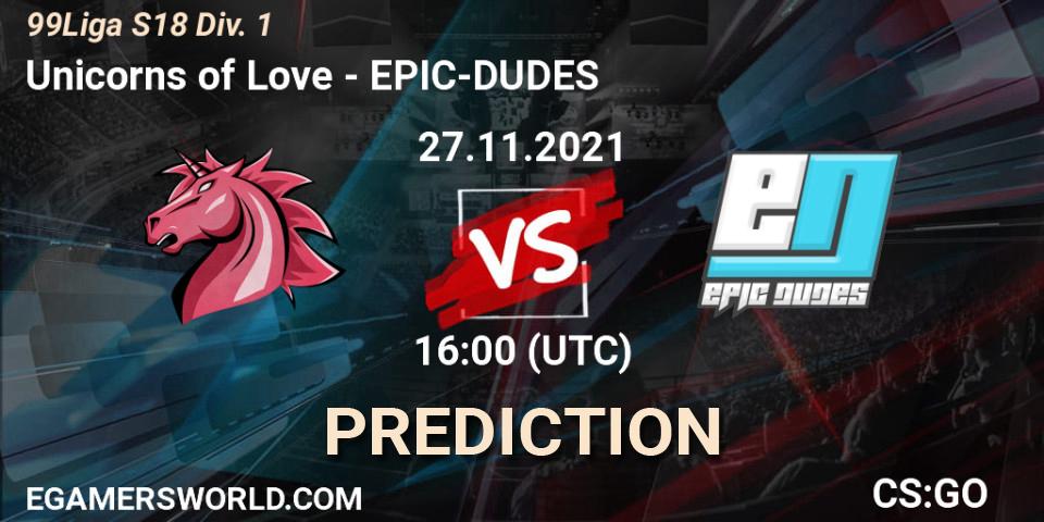 Unicorns of Love vs EPIC-DUDES: Match Prediction. 27.11.21, CS2 (CS:GO), 99Liga S18 Div. 1