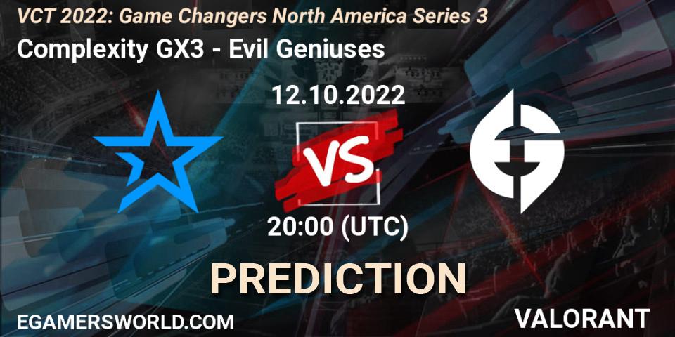Complexity GX3 vs Evil Geniuses: Match Prediction. 12.10.2022 at 20:10, VALORANT, VCT 2022: Game Changers North America Series 3