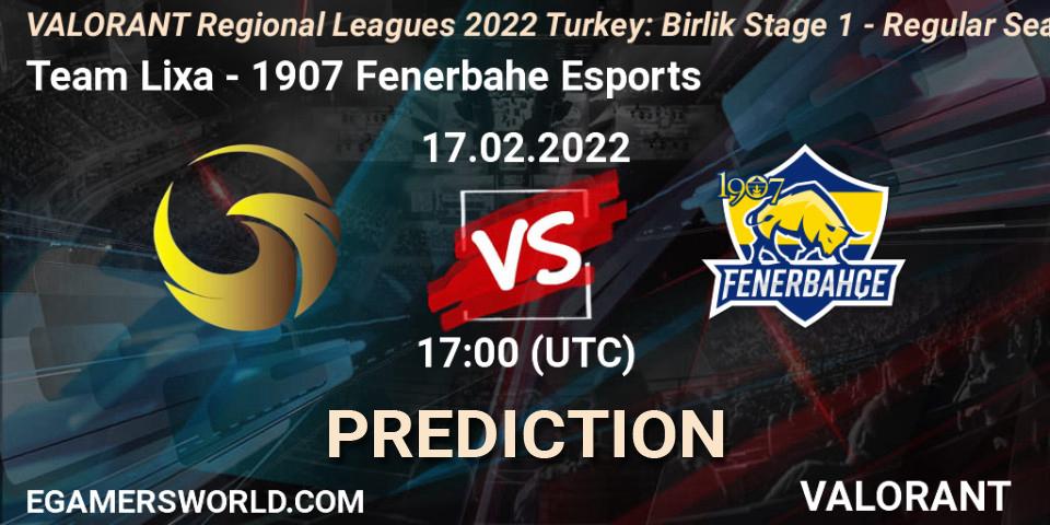 Team Lixa vs 1907 Fenerbahçe Esports: Match Prediction. 17.02.2022 at 18:00, VALORANT, VALORANT Regional Leagues 2022 Turkey: Birlik Stage 1 - Regular Season
