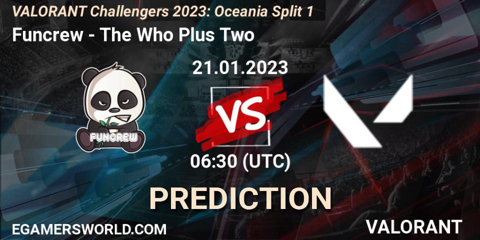 Funcrew vs The Who Plus Two: Match Prediction. 21.01.2023 at 06:30, VALORANT, VALORANT Challengers 2023: Oceania Split 1