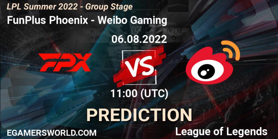 FunPlus Phoenix vs Weibo Gaming: Match Prediction. 06.08.2022 at 12:00, LoL, LPL Summer 2022 - Group Stage