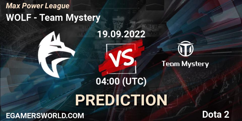 WOLF vs Team Mystery: Match Prediction. 19.09.2022 at 03:58, Dota 2, Max Power League