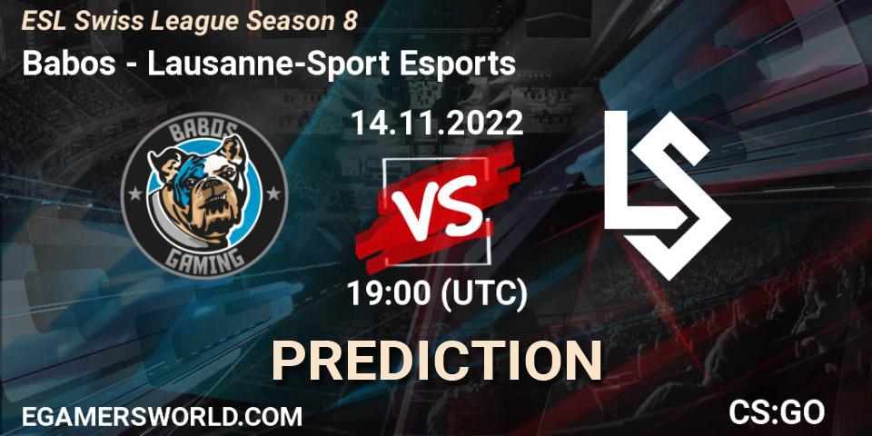 Babos vs Lausanne-Sport Esports: Match Prediction. 14.11.2022 at 19:00, Counter-Strike (CS2), ESL Swiss League Season 8