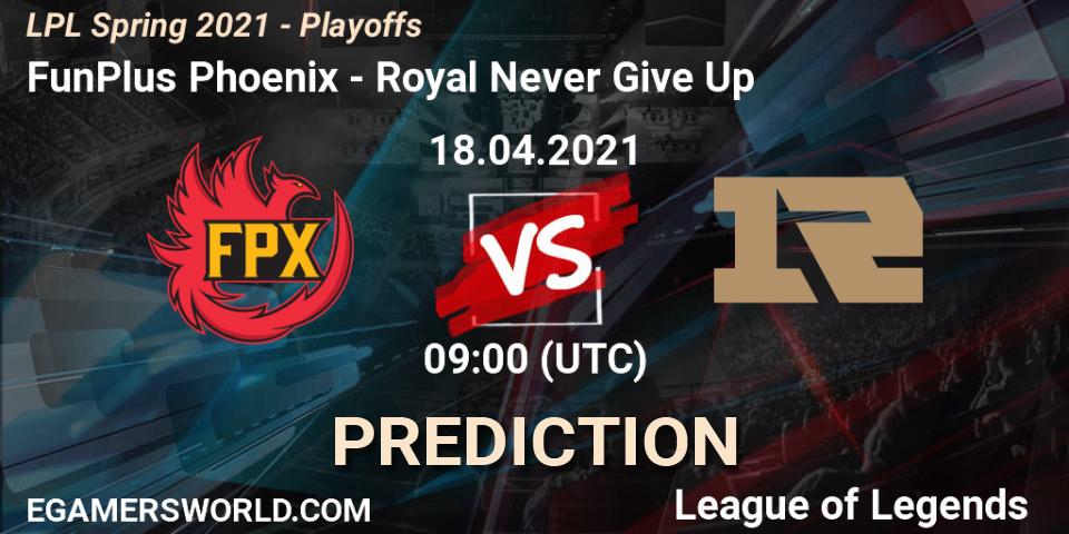 FunPlus Phoenix vs Royal Never Give Up: Match Prediction. 18.04.2021 at 09:00, LoL, LPL Spring 2021 - Playoffs