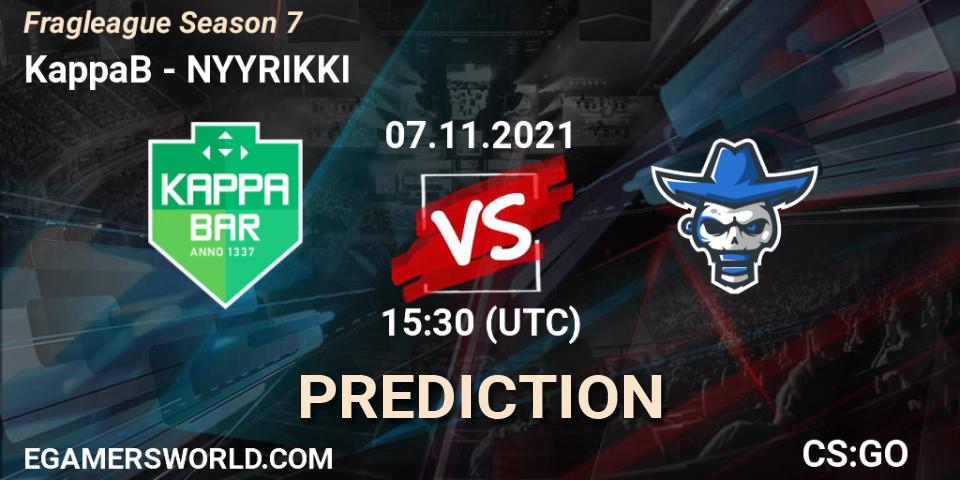 KappaB vs NYYRIKKI: Match Prediction. 10.11.2021 at 17:30, Counter-Strike (CS2), Fragleague Season 7
