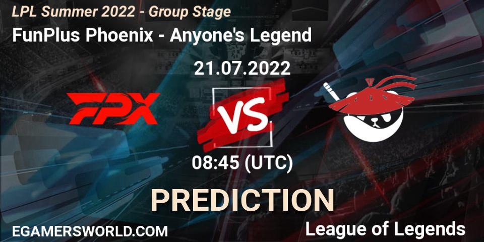 FunPlus Phoenix vs Anyone's Legend: Match Prediction. 21.07.22, LoL, LPL Summer 2022 - Group Stage