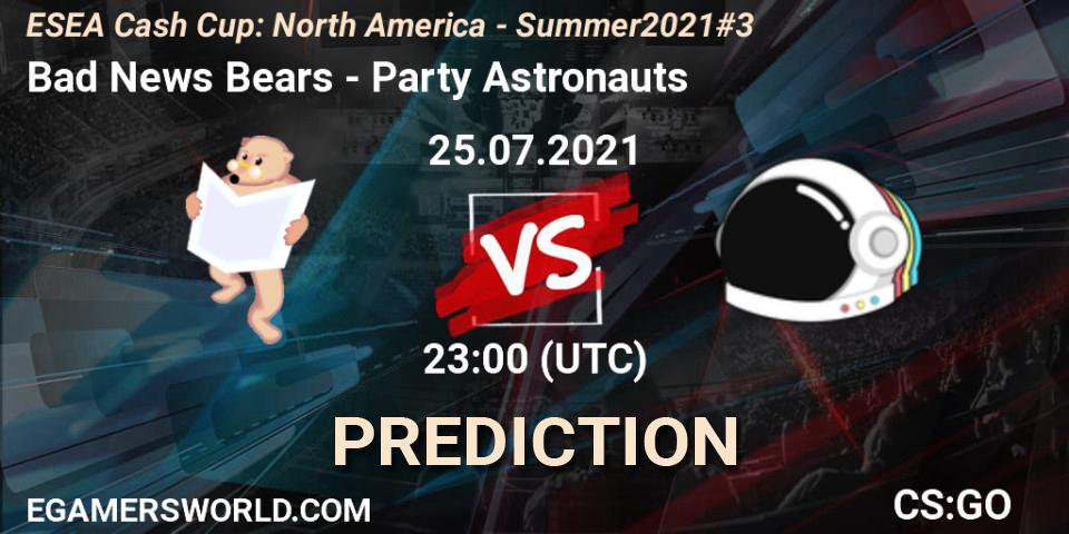 Bad News Bears vs Party Astronauts: Match Prediction. 25.07.2021 at 23:00, Counter-Strike (CS2), ESEA Cash Cup: North America - Summer 2021 #3