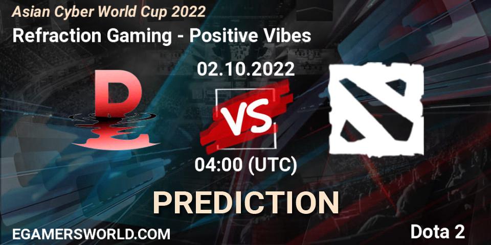 Refraction Gaming vs Positive Vibes: Match Prediction. 02.10.2022 at 04:14, Dota 2, Asian Cyber World Cup 2022