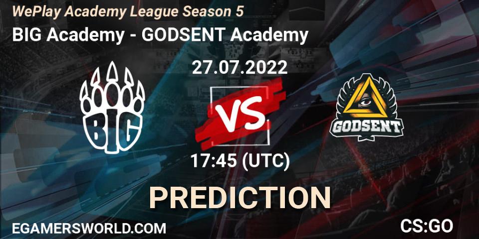 BIG Academy vs GODSENT Academy: Match Prediction. 27.07.2022 at 17:45, Counter-Strike (CS2), WePlay Academy League Season 5
