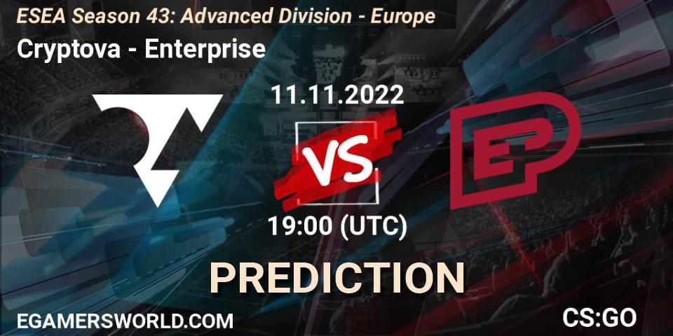 Cryptova vs Enterprise: Match Prediction. 11.11.2022 at 19:00, Counter-Strike (CS2), ESEA Season 43: Advanced Division - Europe
