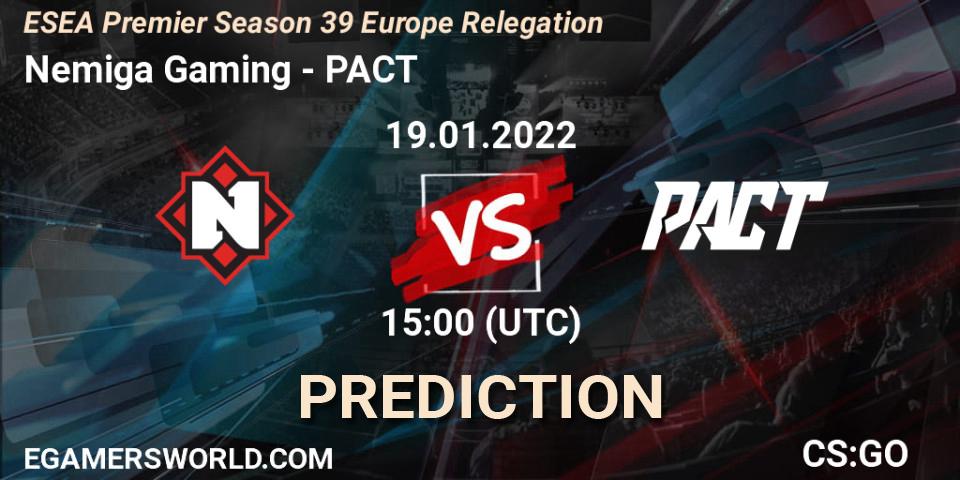 Nemiga Gaming vs PACT: Match Prediction. 19.01.2022 at 15:00, Counter-Strike (CS2), ESEA Premier Season 39 Europe Relegation