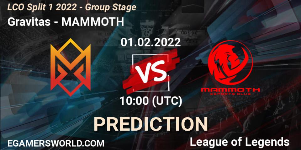 Gravitas vs MAMMOTH: Match Prediction. 01.02.2022 at 10:00, LoL, LCO Split 1 2022 - Group Stage 