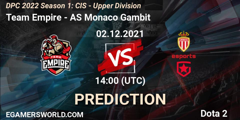 Team Empire vs AS Monaco Gambit: Match Prediction. 02.12.2021 at 14:25, Dota 2, DPC 2022 Season 1: CIS - Upper Division