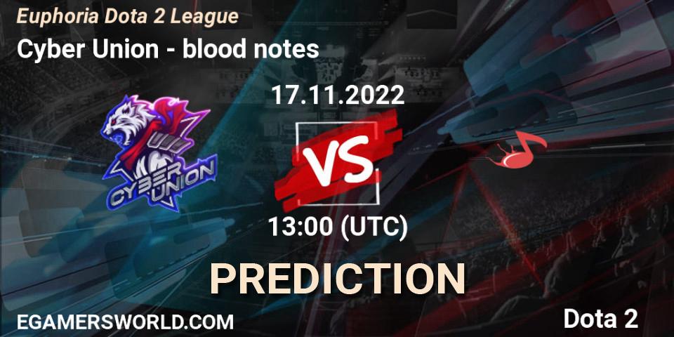 Cyber Union vs blood notes: Match Prediction. 17.11.2022 at 13:30, Dota 2, Euphoria Dota 2 League