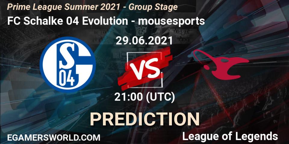 FC Schalke 04 Evolution vs mousesports: Match Prediction. 29.06.2021 at 16:00, LoL, Prime League Summer 2021 - Group Stage