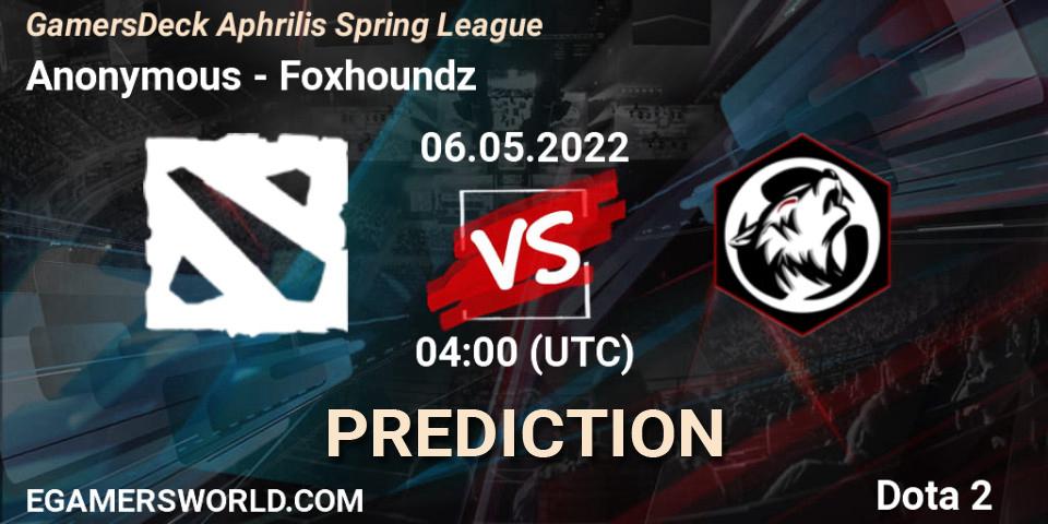 Anonymous vs Foxhoundz: Match Prediction. 06.05.2022 at 03:48, Dota 2, GamersDeck Aphrilis Spring League