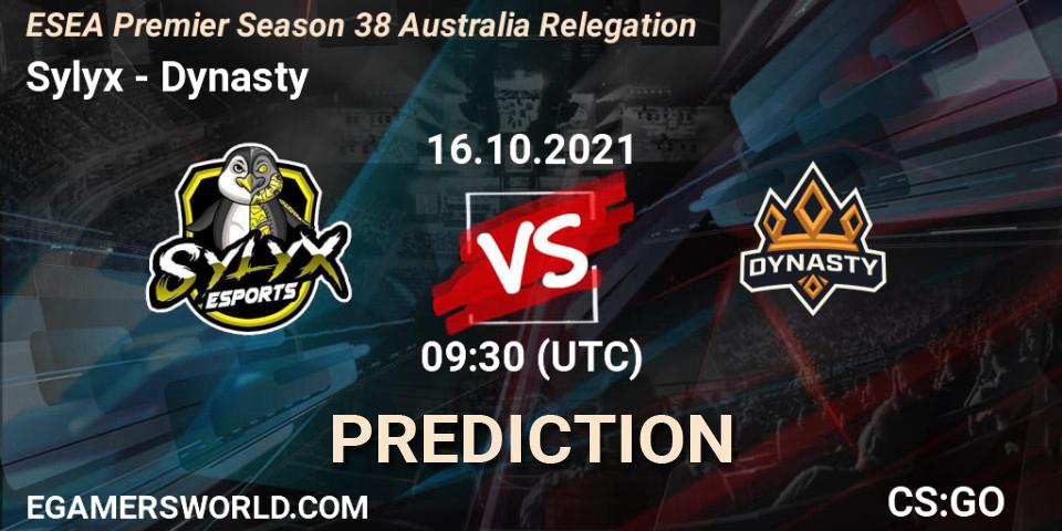 Sylyx vs Dynasty: Match Prediction. 16.10.2021 at 09:30, Counter-Strike (CS2), ESEA Premier Season 38 Australia Relegation