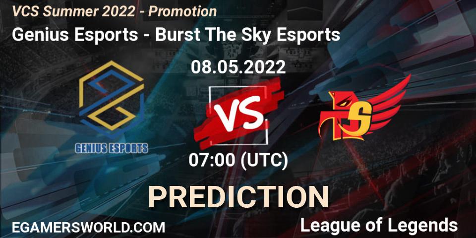 Genius Esports vs Burst The Sky Esports: Match Prediction. 08.05.2022 at 07:00, LoL, VCS Summer 2022 - Promotion
