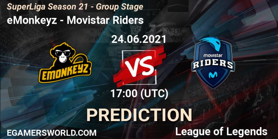 eMonkeyz vs Movistar Riders: Match Prediction. 24.06.2021 at 17:00, LoL, SuperLiga Season 21 - Group Stage 