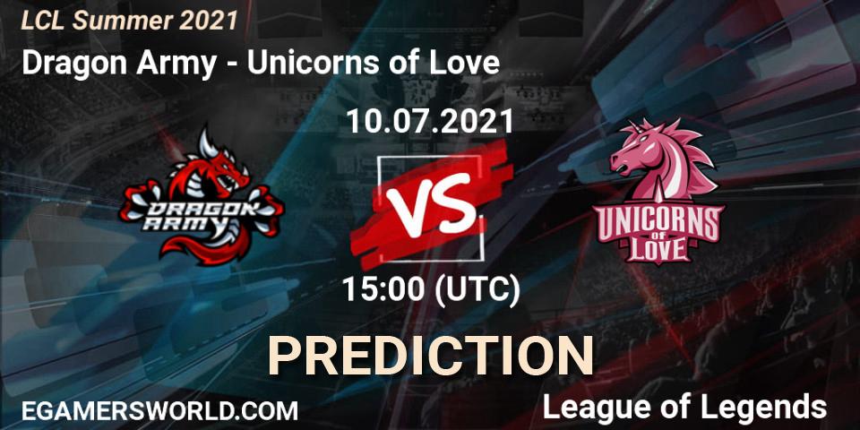 Dragon Army vs Unicorns of Love: Match Prediction. 10.07.2021 at 15:00, LoL, LCL Summer 2021