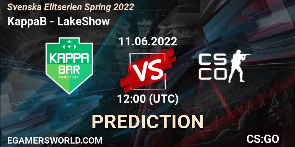 KappaB vs LakeShow: Match Prediction. 11.06.2022 at 13:00, Counter-Strike (CS2), Svenska Elitserien Spring 2022