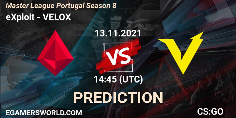 eXploit vs VELOX: Match Prediction. 13.11.2021 at 14:45, Counter-Strike (CS2), Master League Portugal Season 8