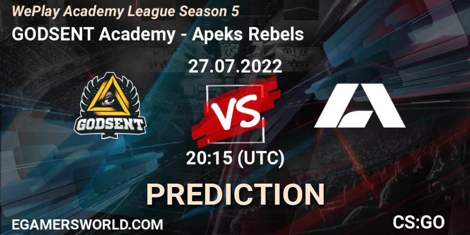 GODSENT Academy vs Apeks Rebels: Match Prediction. 27.07.2022 at 20:15, Counter-Strike (CS2), WePlay Academy League Season 5