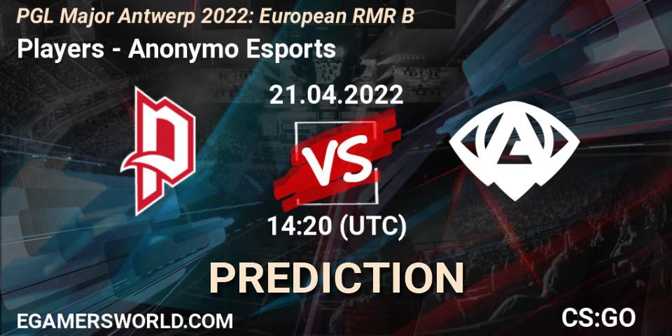 Players vs Anonymo Esports: Match Prediction. 21.04.2022 at 14:20, Counter-Strike (CS2), PGL Major Antwerp 2022: European RMR B