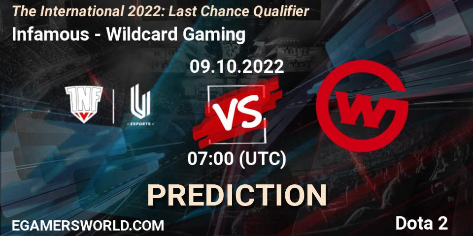 Infamous vs Wildcard Gaming: Match Prediction. 09.10.2022 at 07:16, Dota 2, The International 2022: Last Chance Qualifier