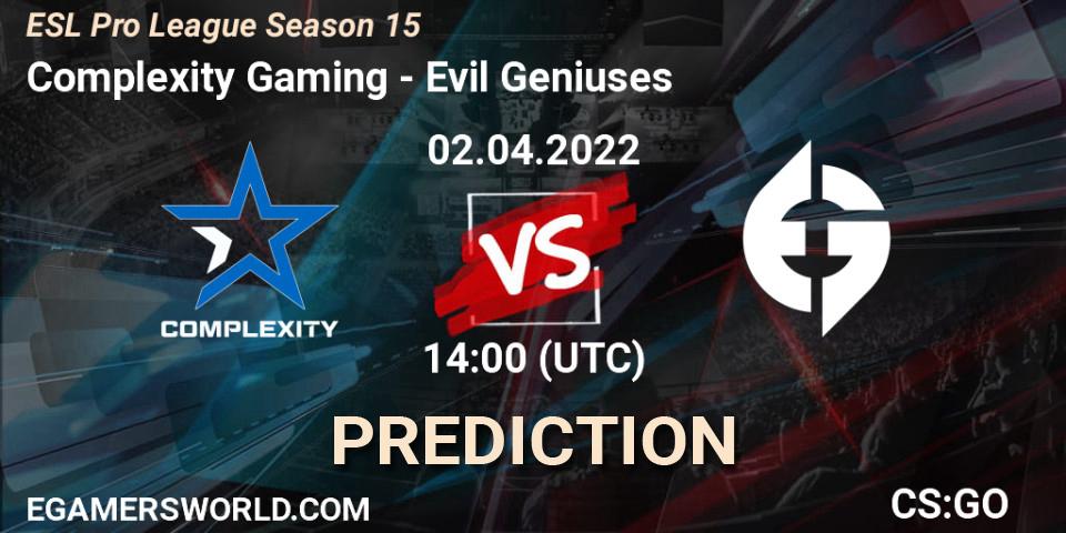 Complexity Gaming vs Evil Geniuses: Match Prediction. 02.04.22, CS2 (CS:GO), ESL Pro League Season 15