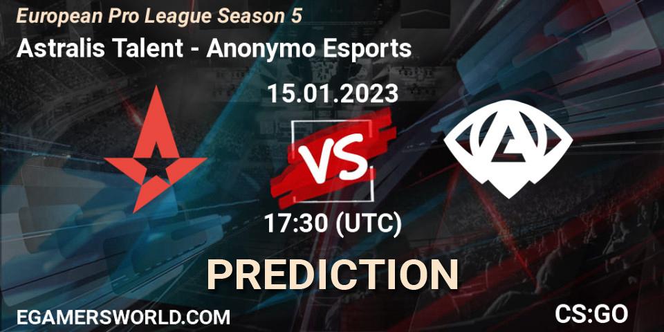 Astralis Talent vs Anonymo Esports: Match Prediction. 15.01.2023 at 18:40, Counter-Strike (CS2), European Pro League Season 5