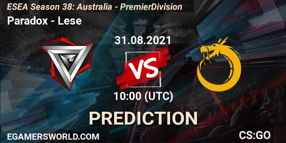 Paradox vs Lese: Match Prediction. 31.08.2021 at 10:00, Counter-Strike (CS2), ESEA Season 38: Australia - Premier Division