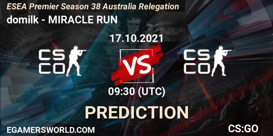 domilk vs MIRACLE RUN: Match Prediction. 17.10.2021 at 09:30, Counter-Strike (CS2), ESEA Premier Season 38 Australia Relegation