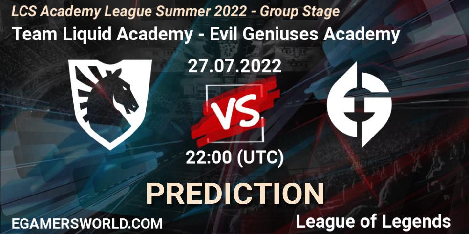 Team Liquid Academy vs Evil Geniuses Academy: Match Prediction. 27.07.2022 at 22:00, LoL, LCS Academy League Summer 2022 - Group Stage