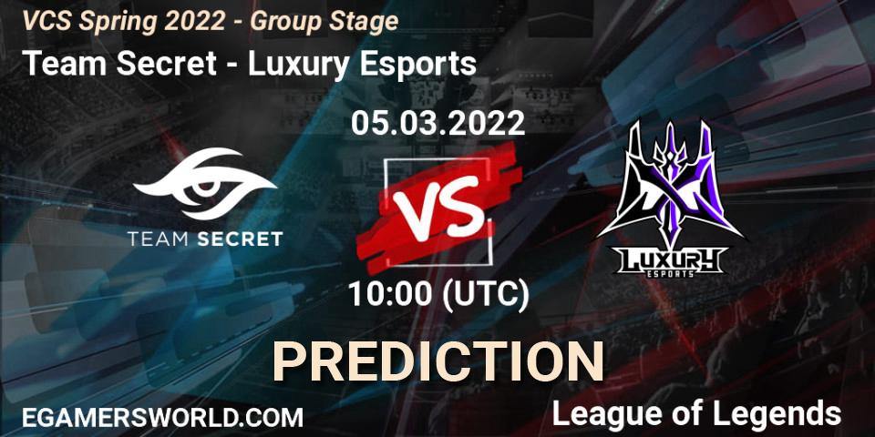 Team Secret vs Luxury Esports: Match Prediction. 05.03.2022 at 10:00, LoL, VCS Spring 2022 - Group Stage 
