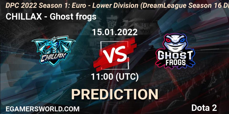 CHILLAX vs Ghost frogs: Match Prediction. 15.01.2022 at 10:55, Dota 2, DPC 2022 Season 1: Euro - Lower Division (DreamLeague Season 16 DPC WEU)