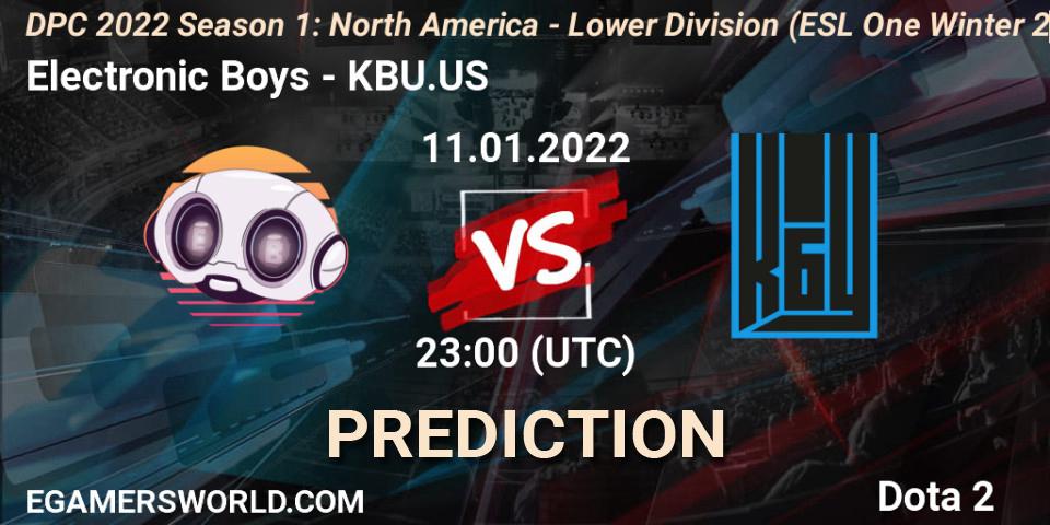 Electronic Boys vs KBU.US: Match Prediction. 11.01.2022 at 23:18, Dota 2, DPC 2022 Season 1: North America - Lower Division (ESL One Winter 2021)