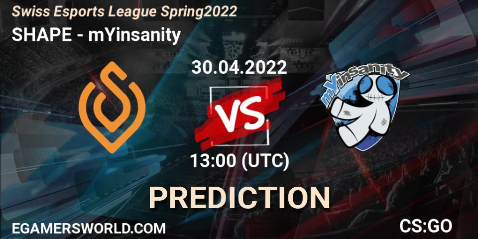 SHAPE vs mYinsanity: Match Prediction. 30.04.2022 at 13:00, Counter-Strike (CS2), Swiss Esports League Spring 2022