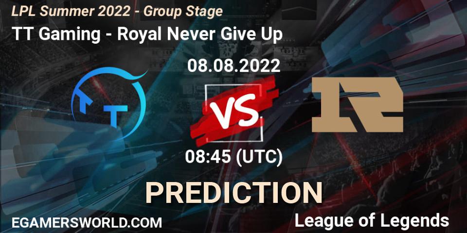 TT Gaming vs Royal Never Give Up: Match Prediction. 08.08.22, LoL, LPL Summer 2022 - Group Stage